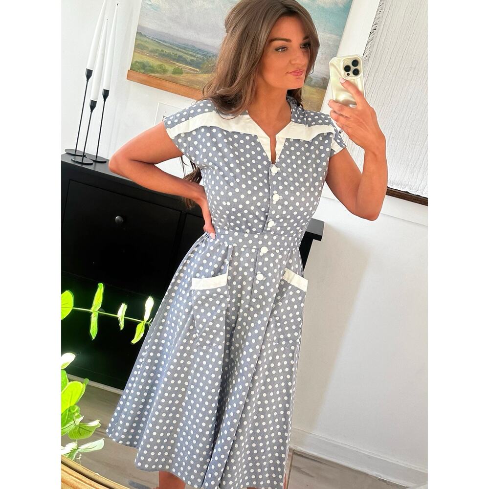Unique Vintage Cotton Blue White Polka Dot Retro Pinup Midi Dress Size Large